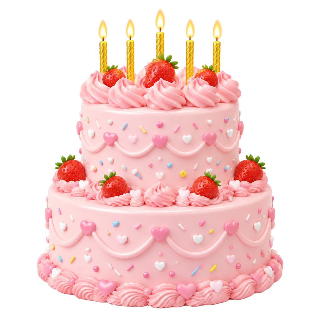 A pink birthday cake with glowing candles